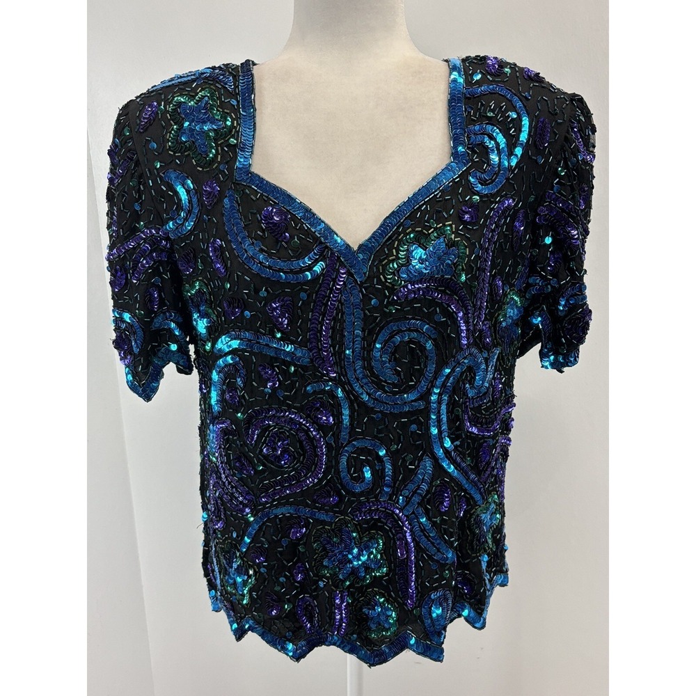 Vtg Laurence Kazar Silk Beaded Blouse Top Size Large Sequins Sparkly Formal